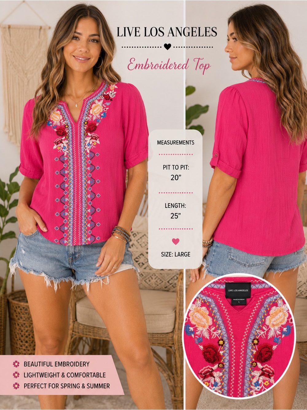 Live Los Angeles Embroidered Fuchsia V-Neck Blouse